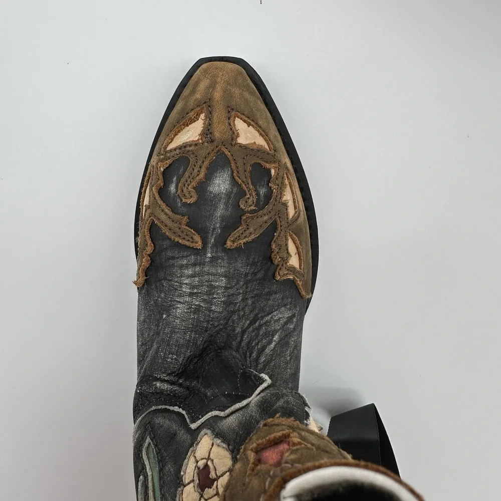 Dan Post Kids 10D Cowboy Boots Leather Bronco Horse Floral Inlay Black DPC2150